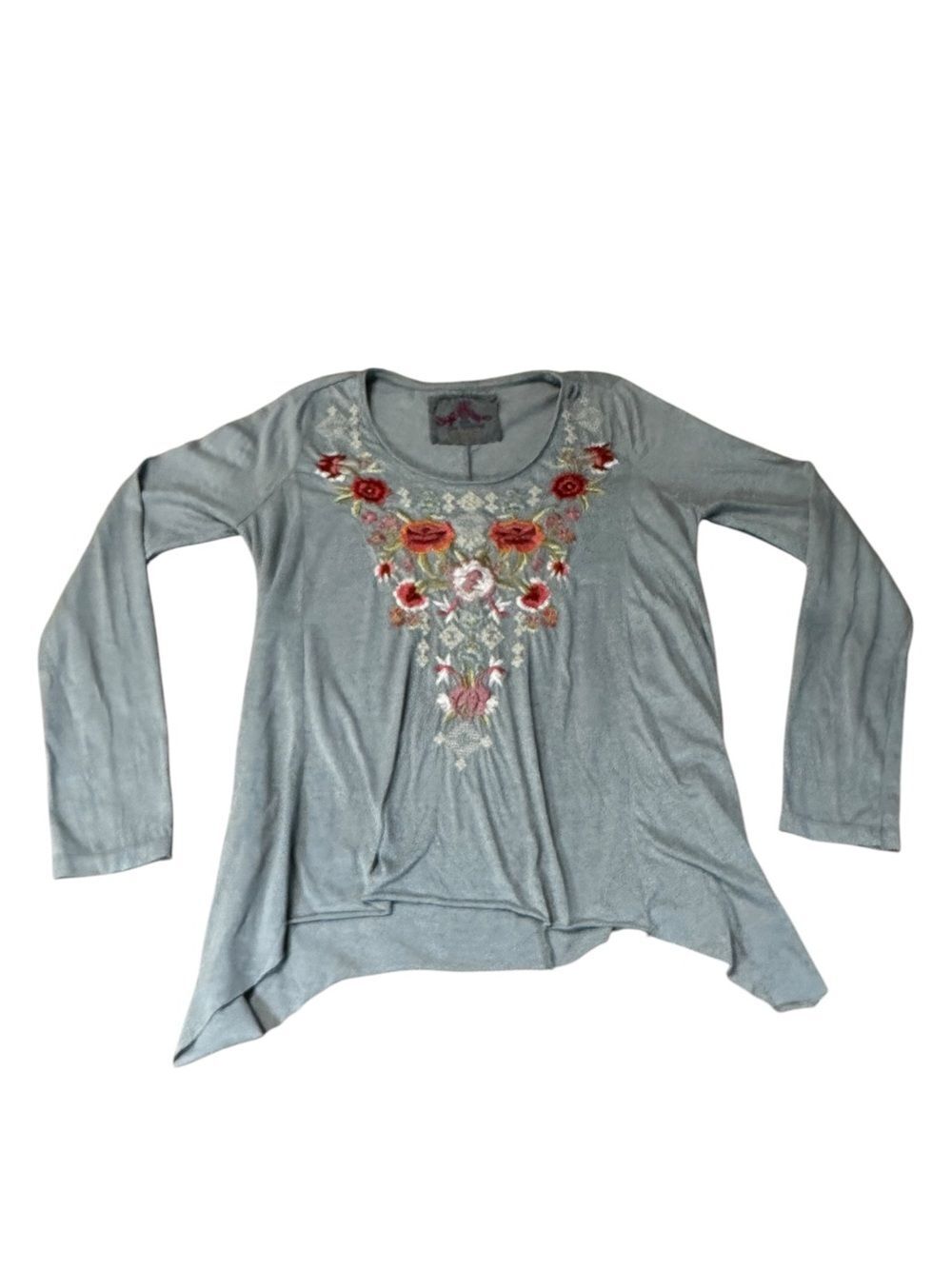 Johnny Was JW Los Angeles Embroidered Floral Tunic Top Gray Boho Art-To-Wear M
